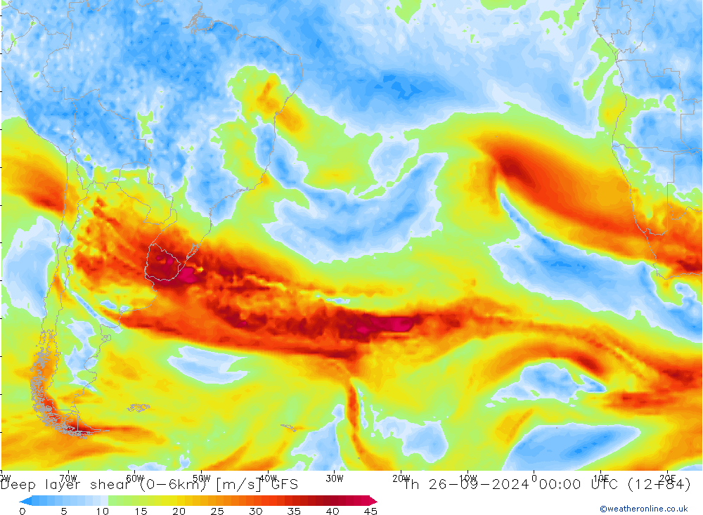 Deep layer shear (0-6km) GFS gio 26.09.2024 00 UTC