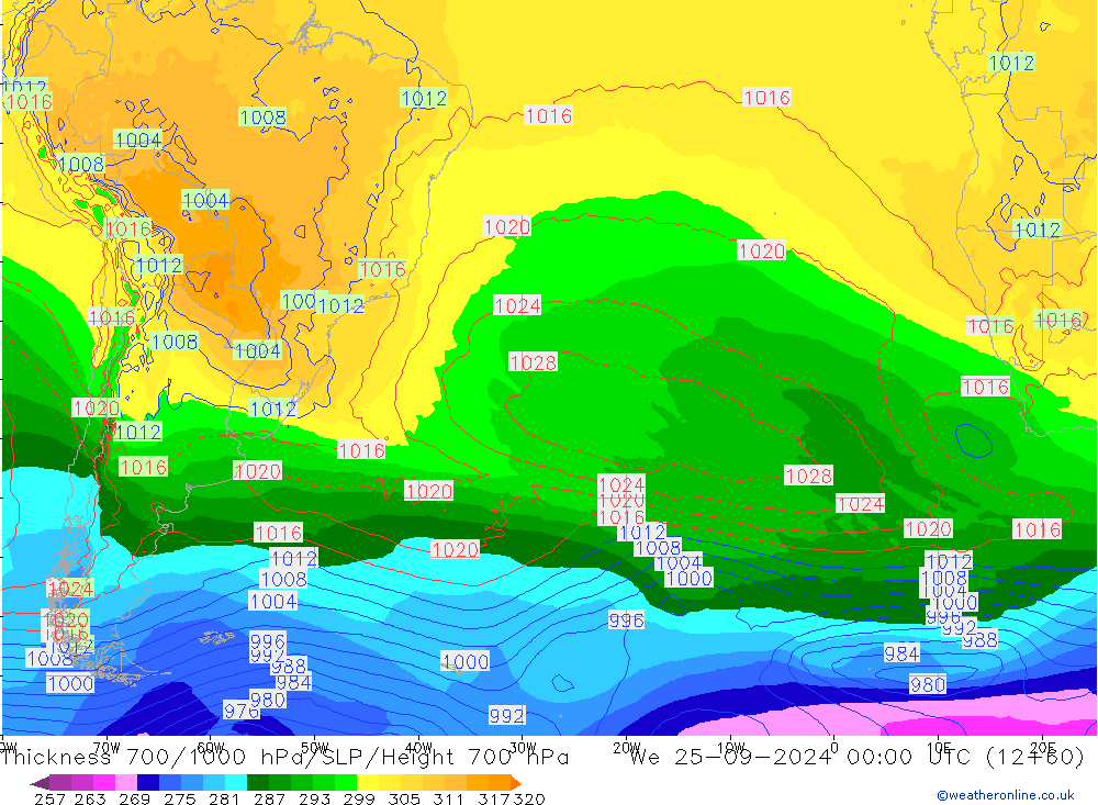 Schichtdicke 700-1000 hPa GFS Mi 25.09.2024 00 UTC