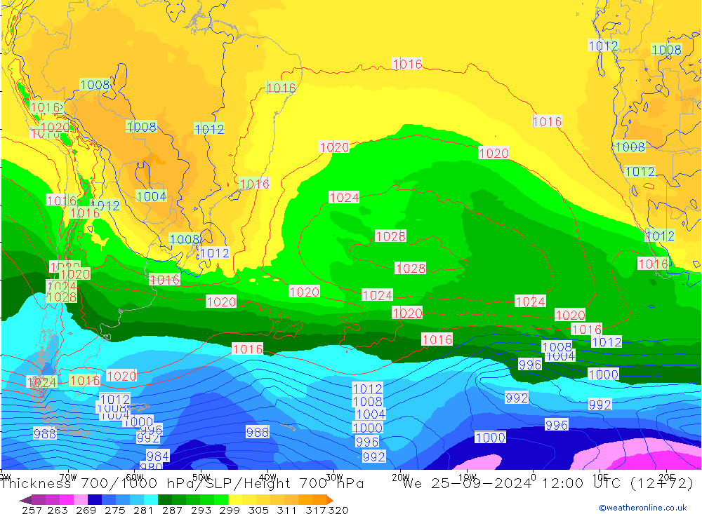 Thck 700-1000 hPa GFS mer 25.09.2024 12 UTC