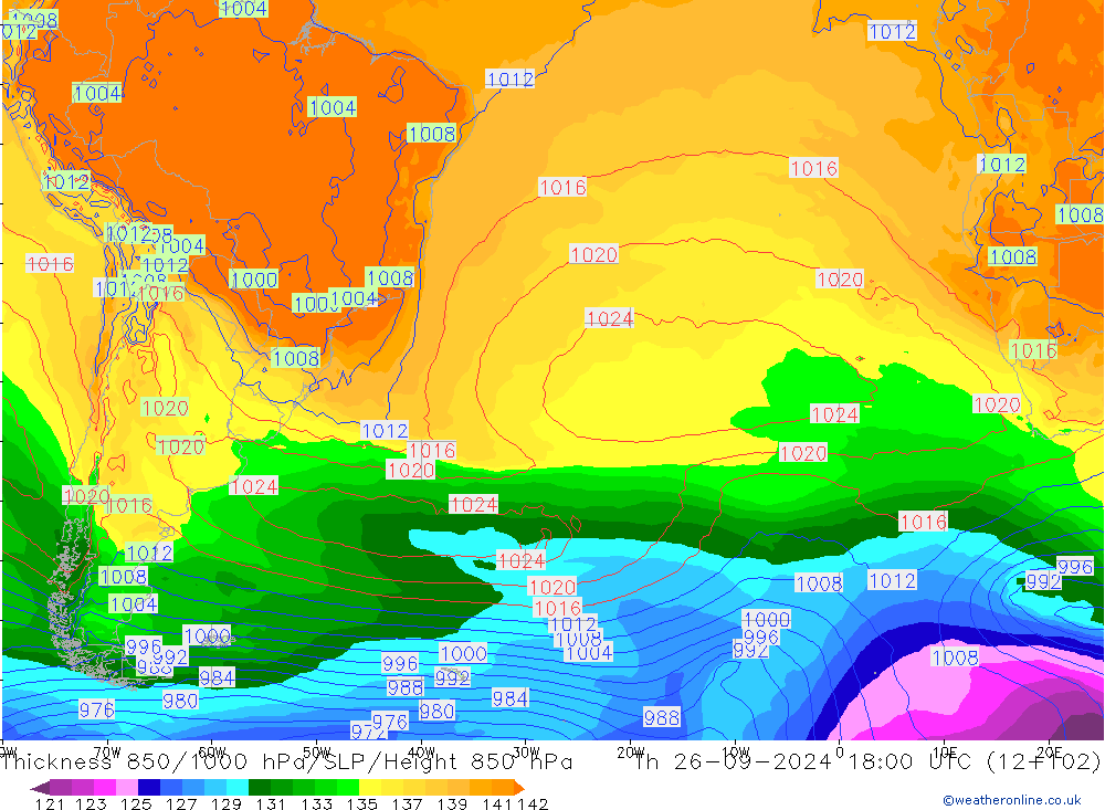 Thck 850-1000 hPa GFS gio 26.09.2024 18 UTC