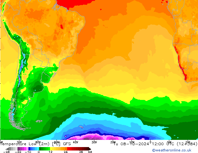 Min.temperatuur (2m) GFS di 08.10.2024 12 UTC