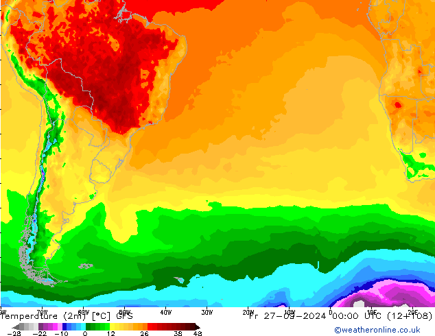 Temperatuurkaart (2m) GFS vr 27.09.2024 00 UTC