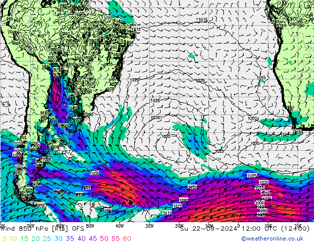 Viento 850 hPa GFS dom 22.09.2024 12 UTC