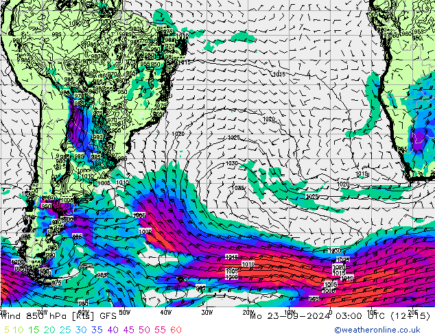 ветер 850 гПа GFS пн 23.09.2024 03 UTC