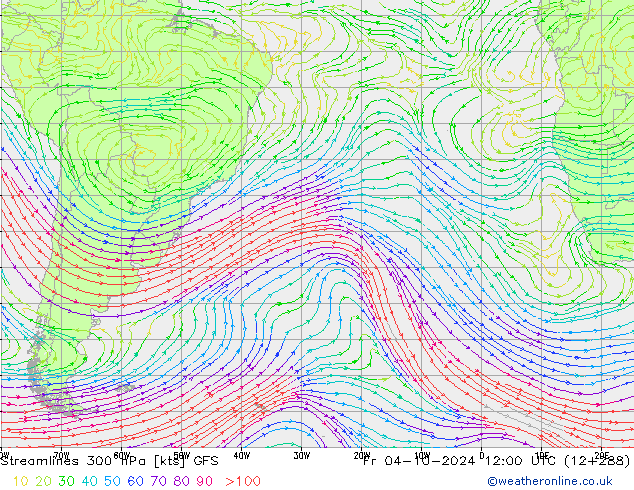 Stroomlijn 300 hPa GFS vr 04.10.2024 12 UTC