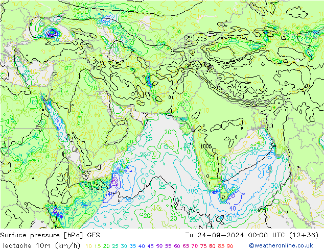 Isotachs (kph) GFS Tu 24.09.2024 00 UTC