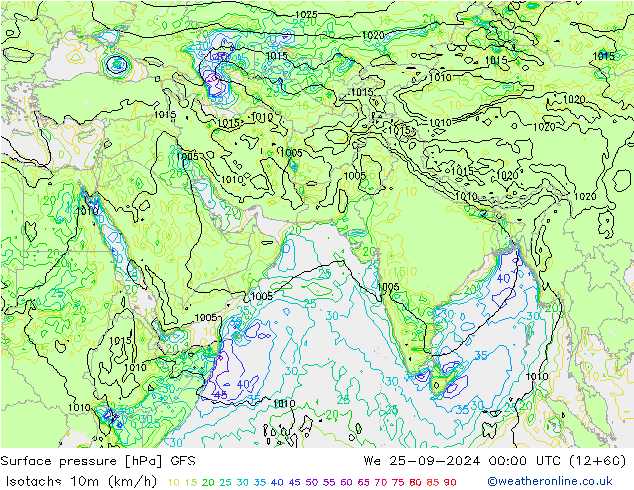 Isotachs (kph) GFS ср 25.09.2024 00 UTC