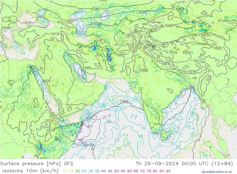 Izotacha (km/godz) GFS czw. 26.09.2024 00 UTC