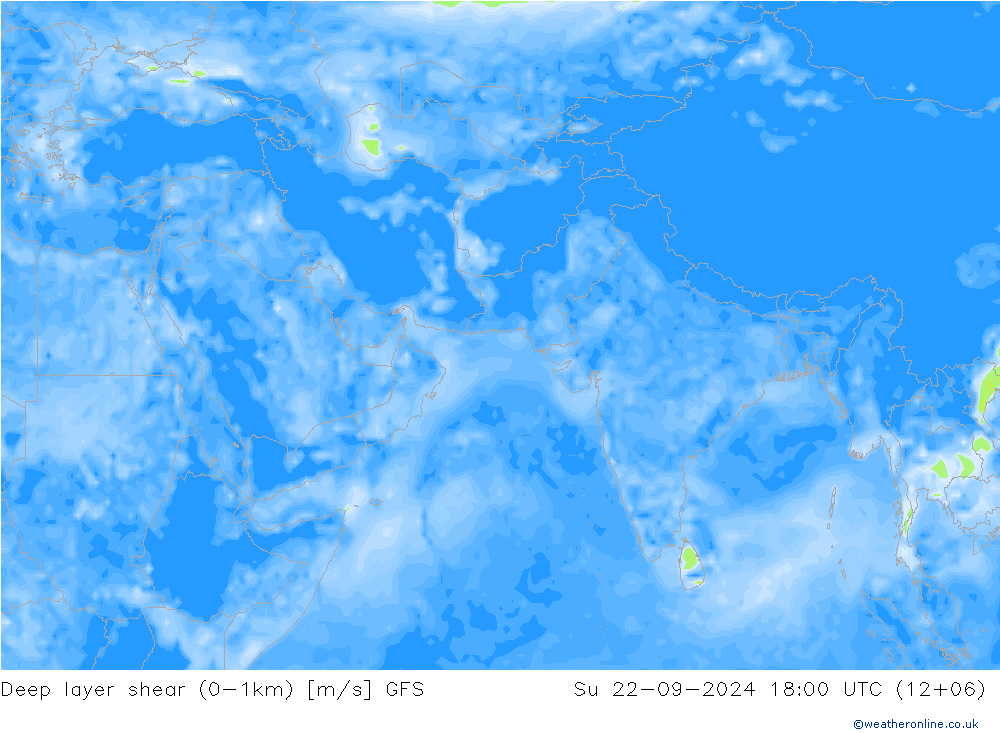 Deep layer shear (0-1km) GFS 星期日 22.09.2024 18 UTC