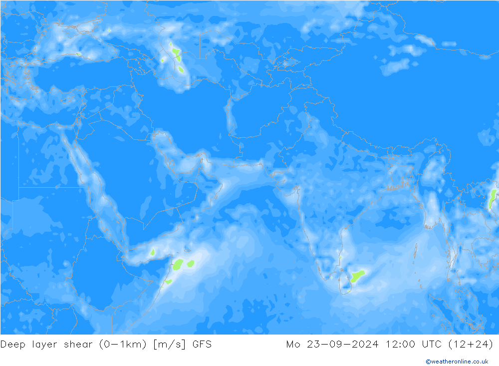 Deep layer shear (0-1km) GFS Po 23.09.2024 12 UTC