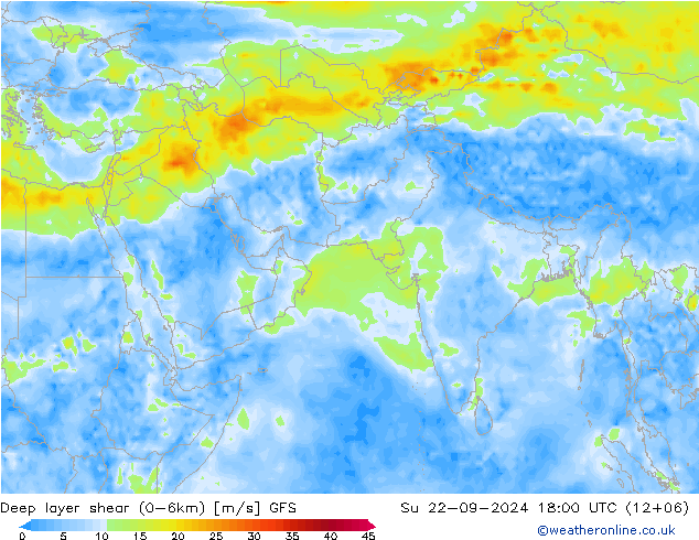 Deep layer shear (0-6km) GFS Su 22.09.2024 18 UTC