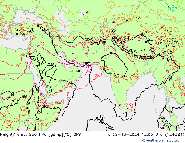 Height/Temp. 850 hPa GFS Út 08.10.2024 12 UTC