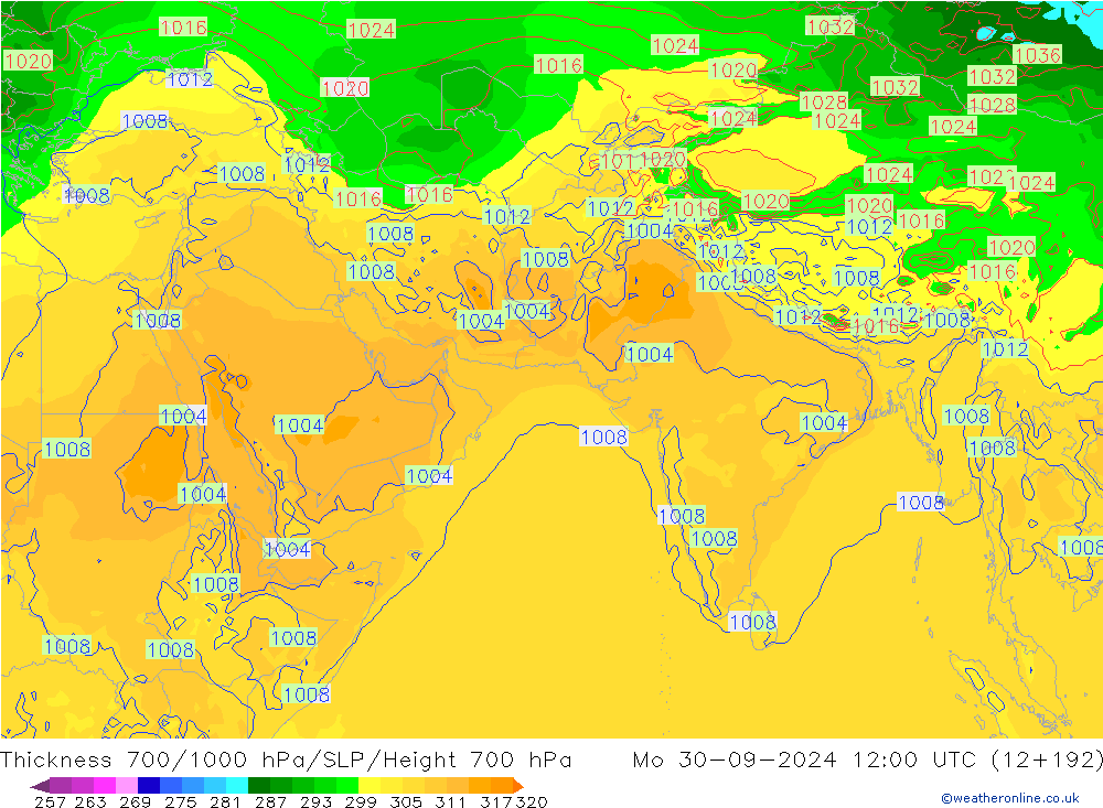 Dikte700-1000 hPa GFS ma 30.09.2024 12 UTC