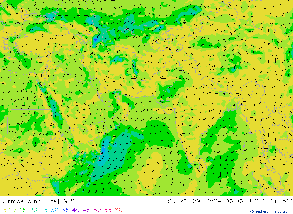 wiatr 10 m GFS nie. 29.09.2024 00 UTC