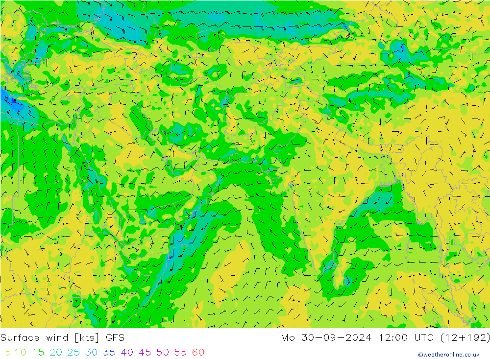 Viento 10 m GFS lun 30.09.2024 12 UTC