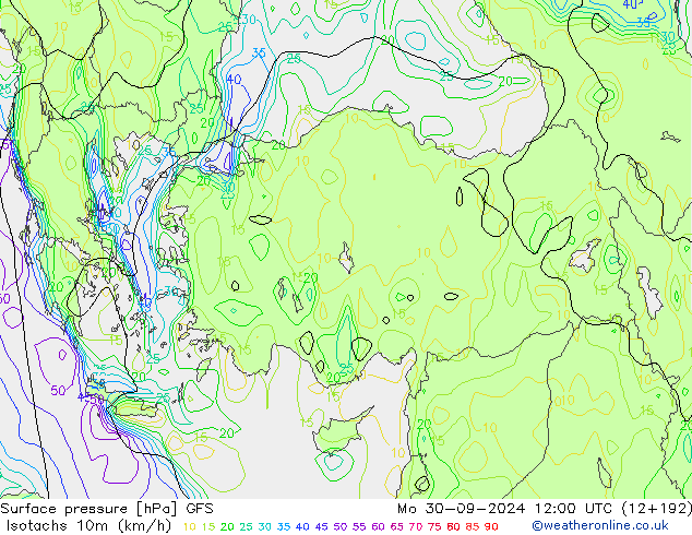 Isotachs (kph) GFS Mo 30.09.2024 12 UTC