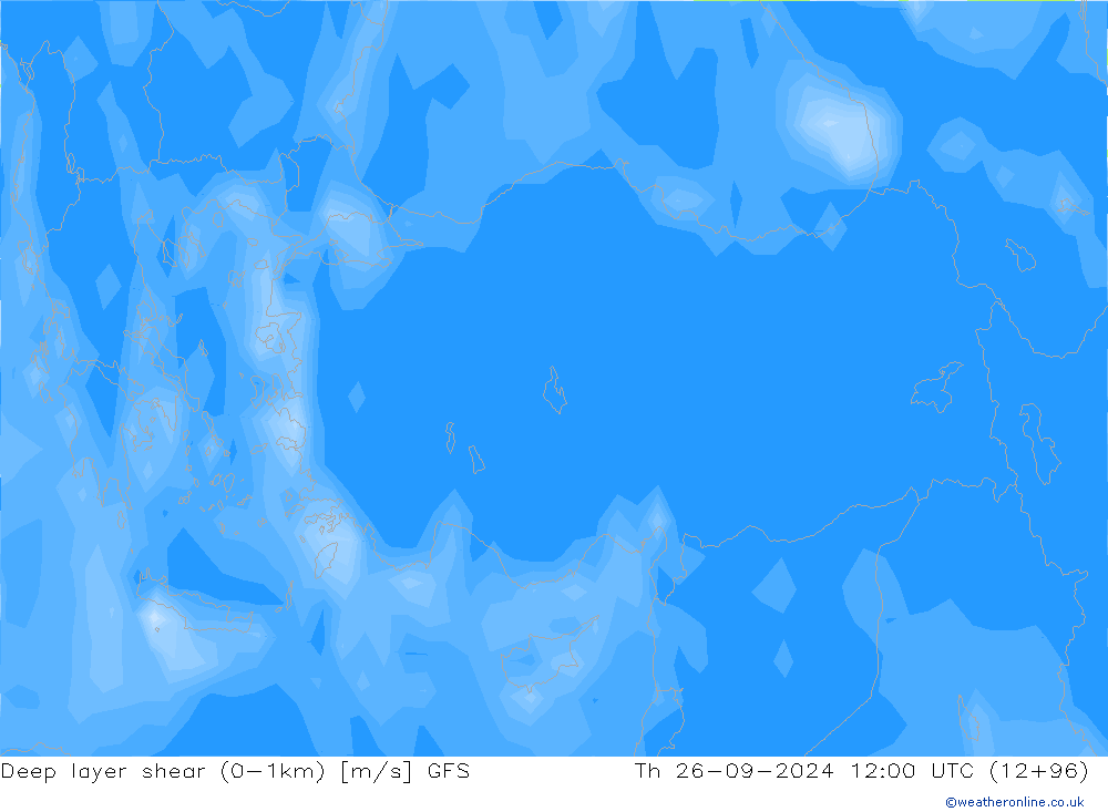 Deep layer shear (0-1km) GFS do 26.09.2024 12 UTC