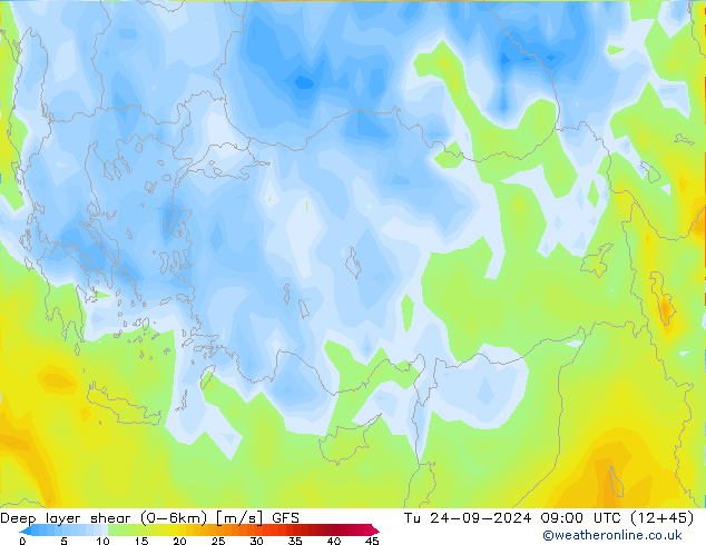 Deep layer shear (0-6km) GFS Tu 24.09.2024 09 UTC