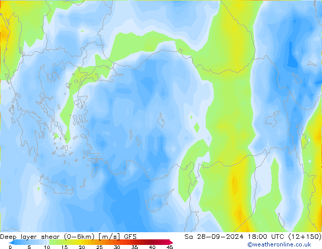 Deep layer shear (0-6km) GFS Sáb 28.09.2024 18 UTC