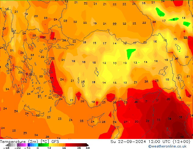 Temperature (2m) GFS Su 22.09.2024 12 UTC