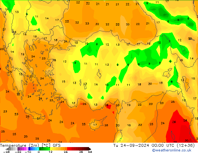 Temperature (2m) GFS Tu 24.09.2024 00 UTC