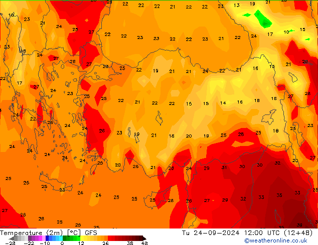 Temperature (2m) GFS Tu 24.09.2024 12 UTC