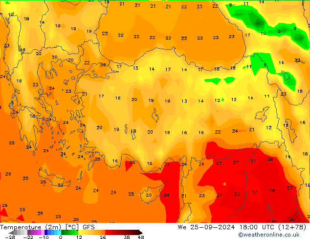 Temperatuurkaart (2m) GFS wo 25.09.2024 18 UTC