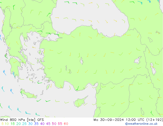 Vento 850 hPa GFS lun 30.09.2024 12 UTC