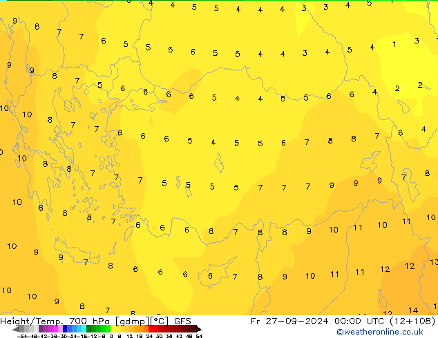 Géop./Temp. 700 hPa GFS ven 27.09.2024 00 UTC