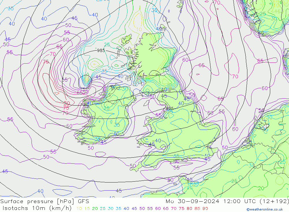 Isotachs (kph) GFS Mo 30.09.2024 12 UTC