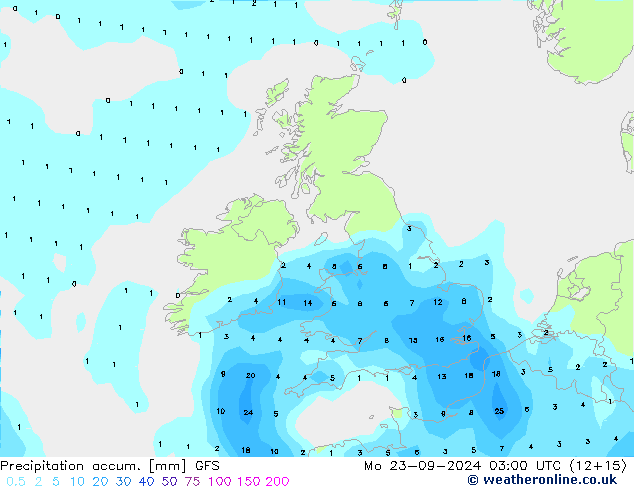 Precipitation accum. GFS Mo 23.09.2024 03 UTC