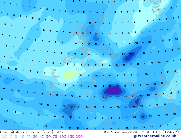 Precipitation accum. GFS ср 25.09.2024 12 UTC