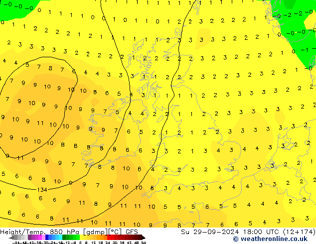 Height/Temp. 850 hPa GFS  29.09.2024 18 UTC