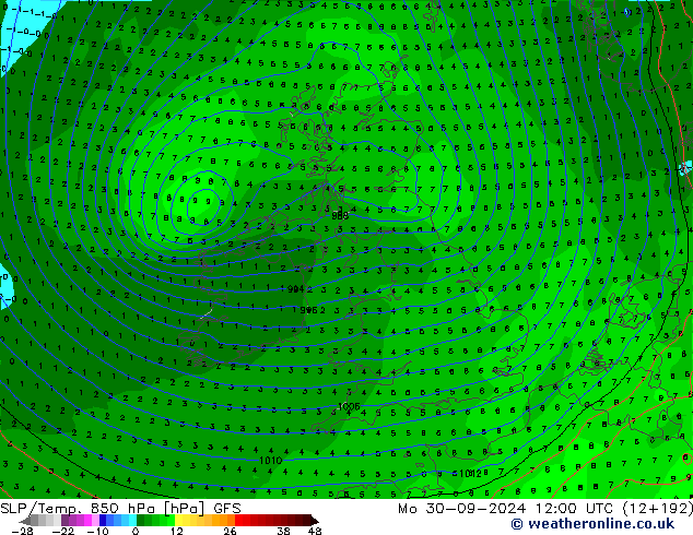 850 hPa Yer Bas./Sıc GFS Pzt 30.09.2024 12 UTC