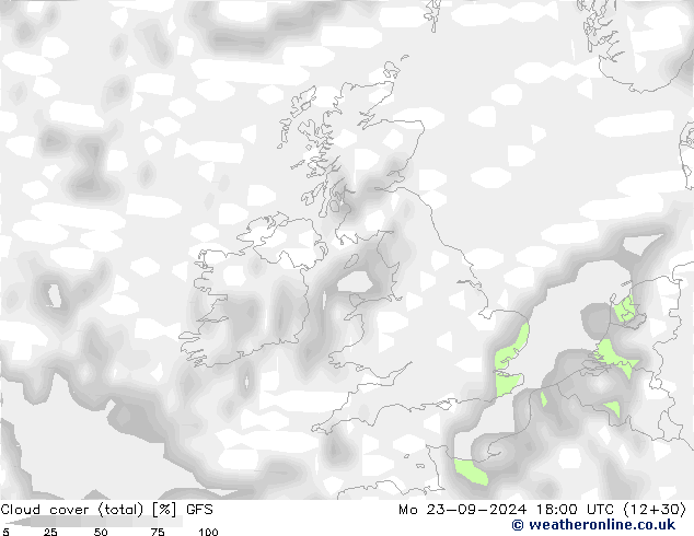 Cloud cover (total) GFS Mo 23.09.2024 18 UTC