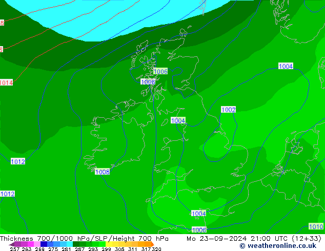 Thck 700-1000 hPa GFS Mo 23.09.2024 21 UTC