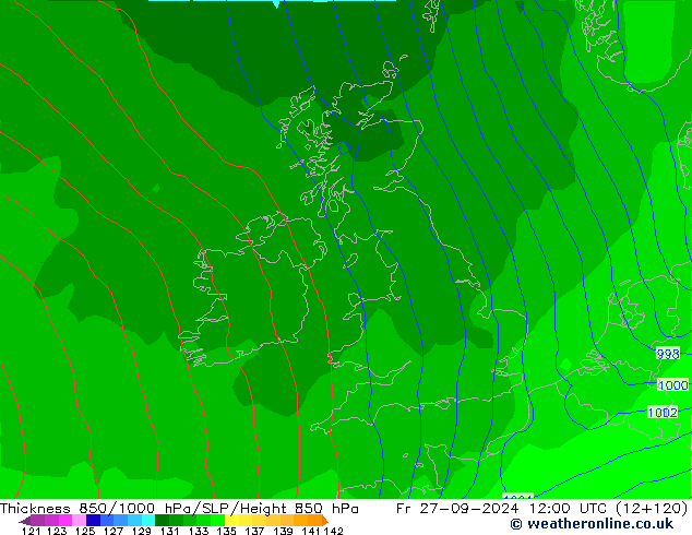 Thck 850-1000 hPa GFS ven 27.09.2024 12 UTC