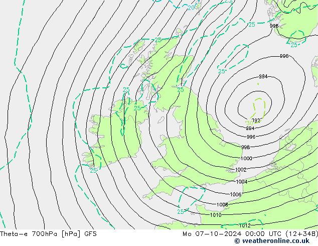 Theta-e 700hPa GFS ma 07.10.2024 00 UTC