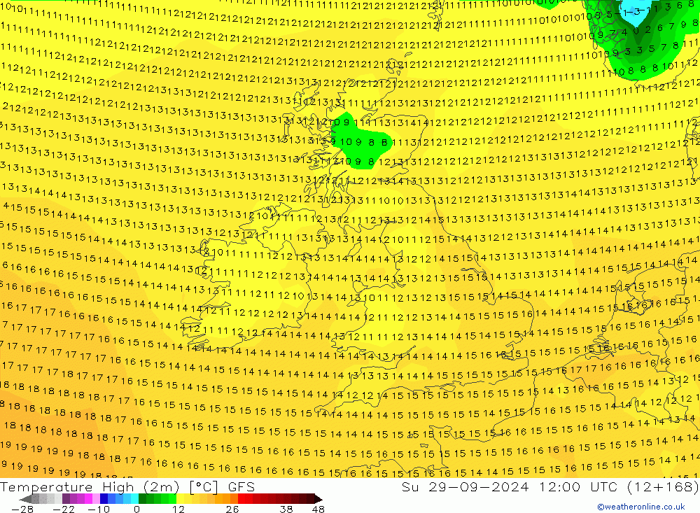 Max.temperatuur (2m) GFS zo 29.09.2024 12 UTC