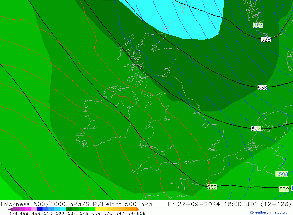 Espesor 500-1000 hPa GFS vie 27.09.2024 18 UTC