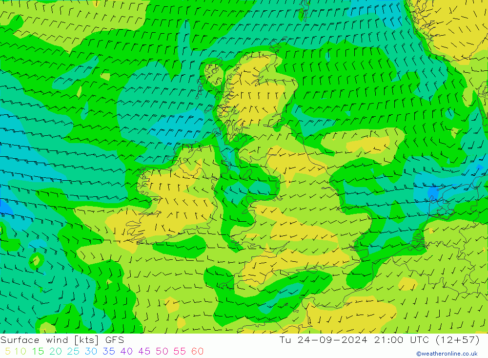 Surface wind GFS Tu 24.09.2024 21 UTC