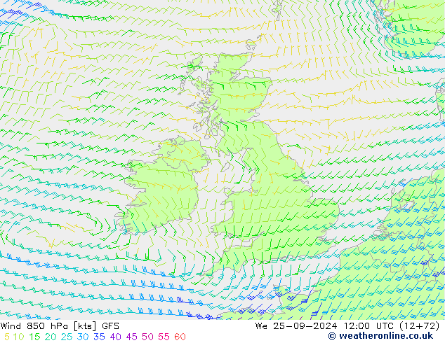 wiatr 850 hPa GFS śro. 25.09.2024 12 UTC