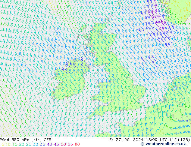 Vento 850 hPa GFS ven 27.09.2024 18 UTC