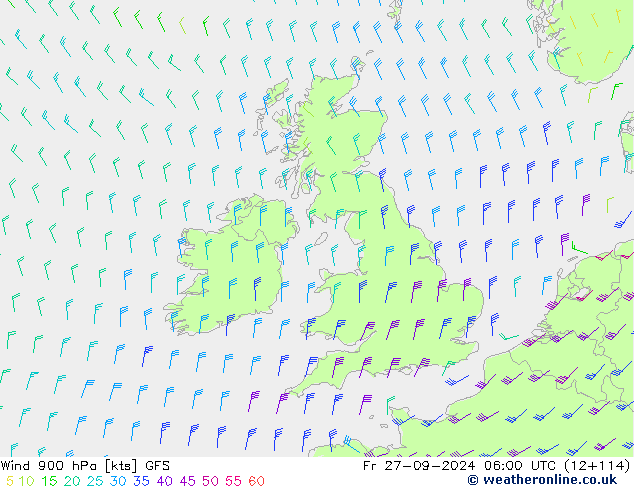 Wind 900 hPa GFS Pá 27.09.2024 06 UTC