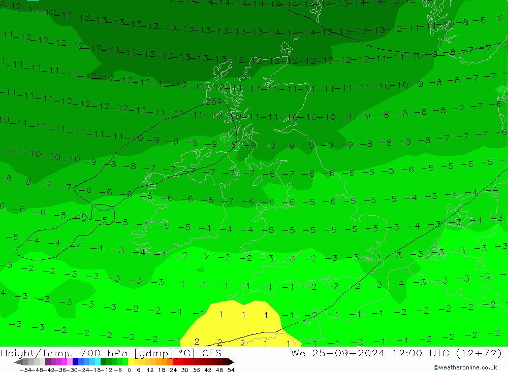 Height/Temp. 700 гПа GFS ср 25.09.2024 12 UTC