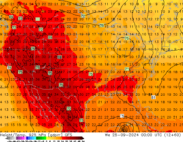 Height/Temp. 925 гПа GFS ср 25.09.2024 00 UTC