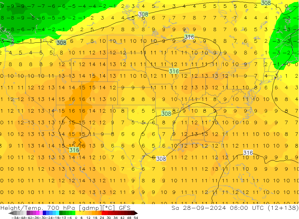 Height/Temp. 700 hPa GFS Sa 28.09.2024 06 UTC