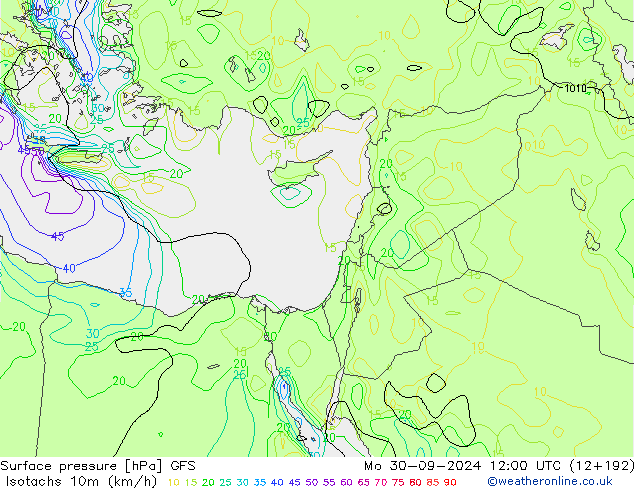 Izotacha (km/godz) GFS pon. 30.09.2024 12 UTC