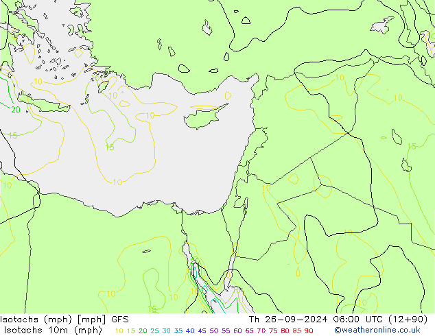 Isotachs (mph) GFS  26.09.2024 06 UTC