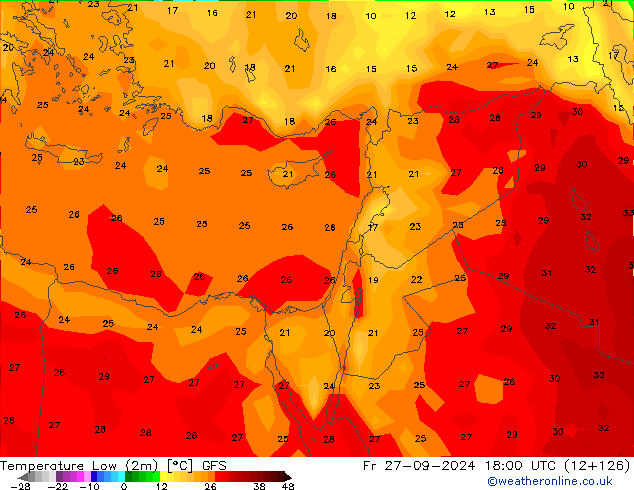 Min.temperatuur (2m) GFS vr 27.09.2024 18 UTC